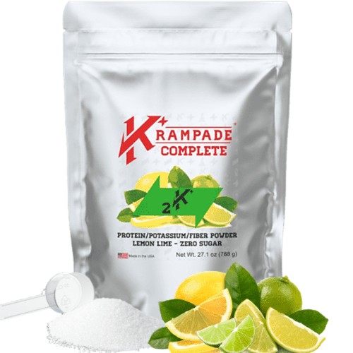 Krampade Complete Zero has zero sugar and 30g whey protein hydrolysate with 15g essential amino acids EAA and 7g branched chain amino acids BCAA, 9g prebiotic soluble fiber, 2000 mg potassium, 50 mg magnesium, 50 mg sodium, high protein, high dietary fiber, high potassium, high electrolytes, low sodium